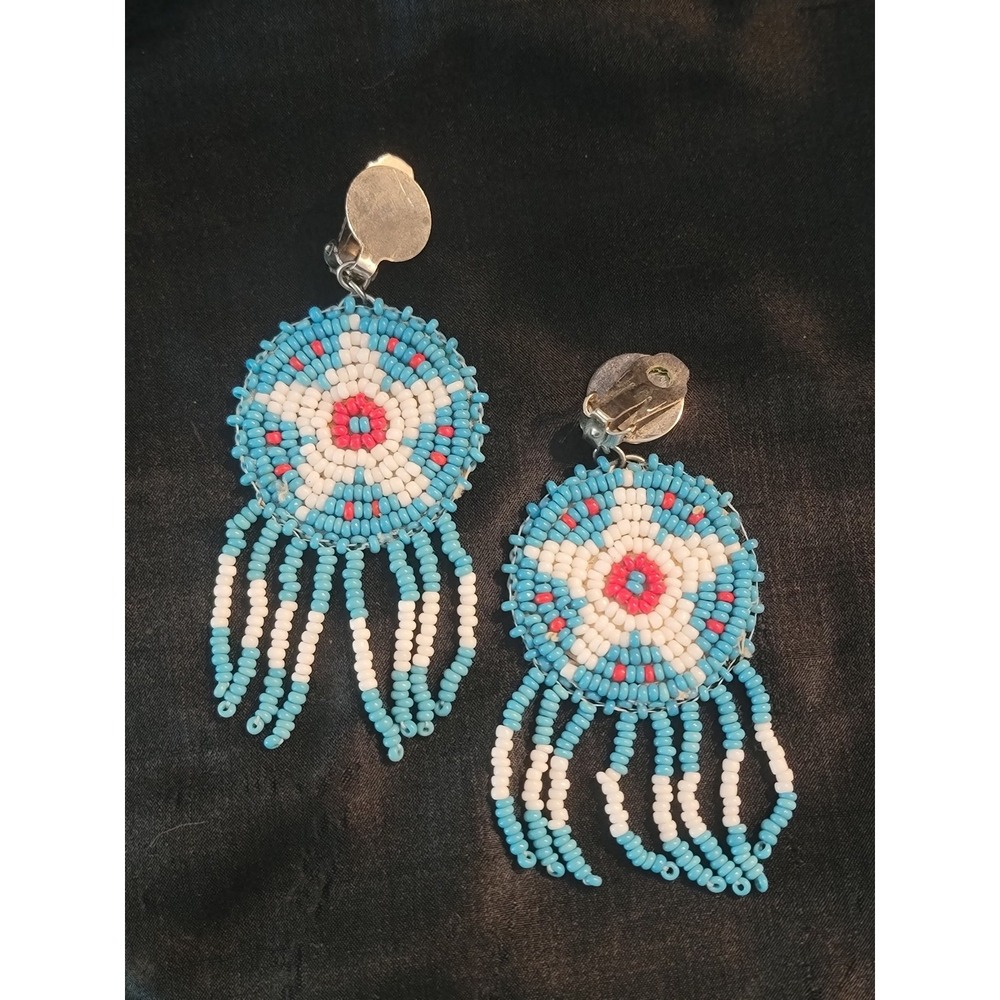 Vintage Beaded Clip On Earrings Turquoise Starburst Medallion Fringe Western